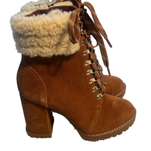 New Gianni Bini Sz 6.5 M Tobacco Brown Suede Shearling Lug Sole Hiker Boots Fall